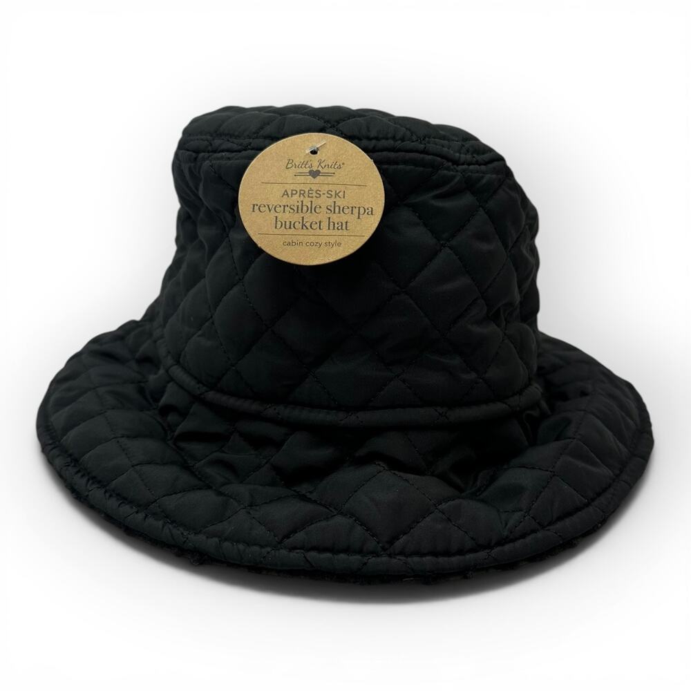 Britt’s Knits Après-Ski Reversible Quilted Sherpa Bucket Hat Black NWT